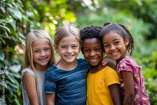 smile and portrait of kids in a park playing together outdoor in nature with friendship. Happiness, diversity and children friends standing, embracing and bonding in a outside green, Generative AI