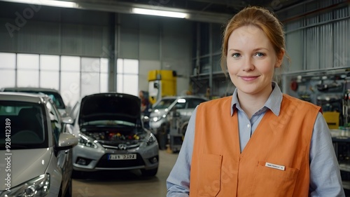 Female machanic standing in front of car service center