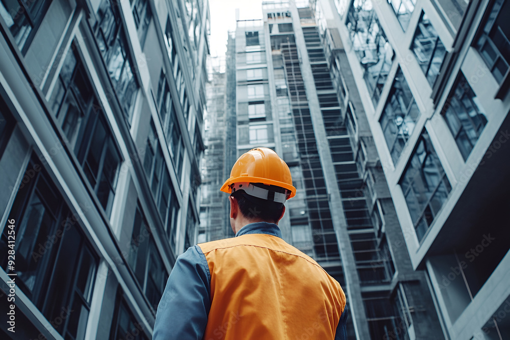An engineer in a hard hat inspects the facade of a high-rise building under construction. An engineer in a hard hat inspects the facade of a high-rise building under construction.