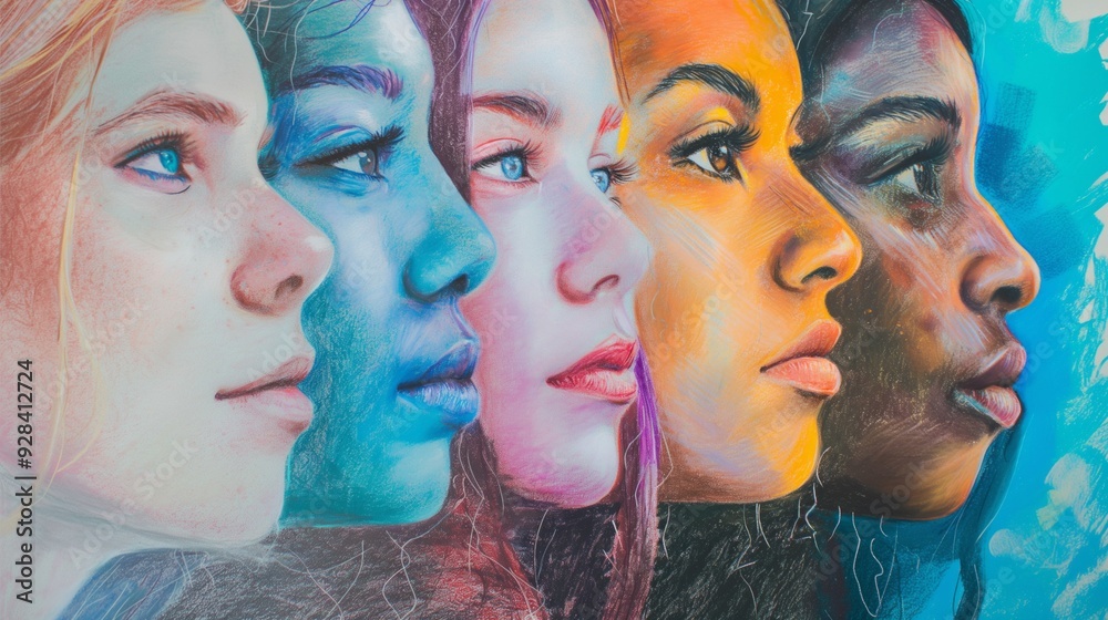 Obraz premium Close-up illustration of diverse women in profile, celebrating diversity and inclusion through unity and representation