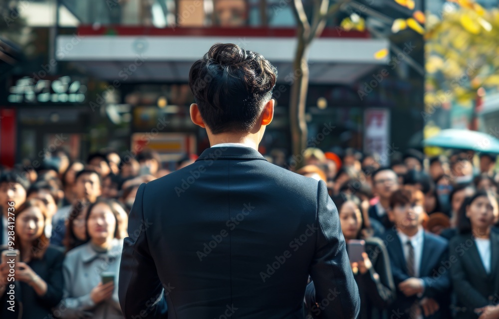 A young man in a suit delivers a speech to an audience, representing an election campaign background concept. A young man in a suit delivers a speech to an audience, representing an election campaign background concept.