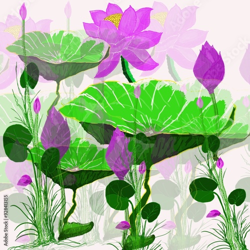 Ikat style.the arts.fabric pattern.batik, wall paper, Vector pink lotus tropical flowers and green leaf water lily illustration. Botanical illustrations for greeting cards and graphic design projects