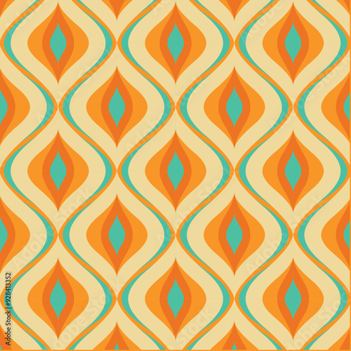 70's Retro Seamless Pattern, 60s and 70s Aesthetic Style, wavy groovy pattern in orange, beige, turquoise and yellow colors
