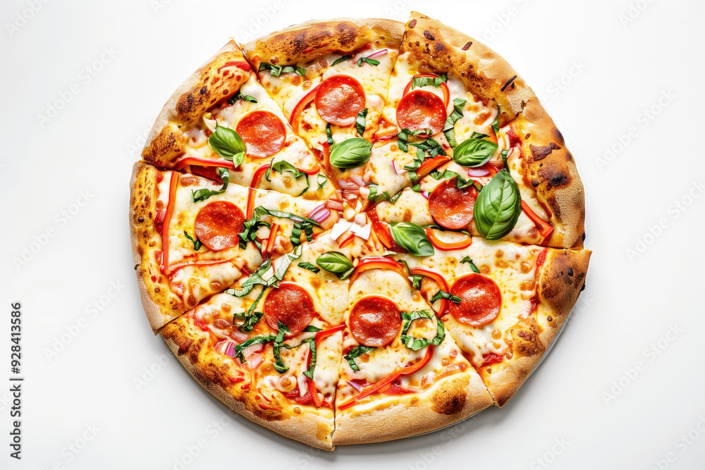 Pepperoni pizza with vegetables and basil Pepperoni pizza with vegetables and basil