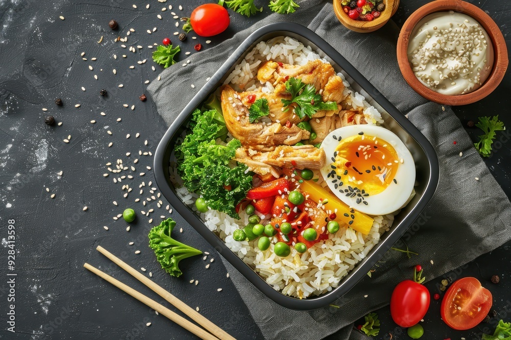 Healthy lunch box with rice vegetables egg and teriyaki chicken on dark background top view Healthy lunch box with rice vegetables egg and teriyaki chicken on dark background top view