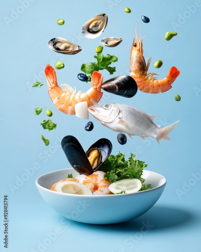 A composition of seafood elements like shrimp, mussels, a whole fish, and greens floating above a white bowl, captured in a crisp, minimalistic style. photo