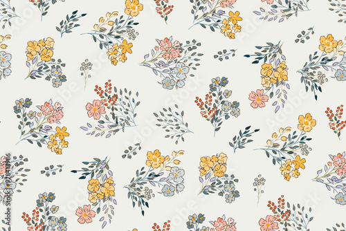 Cute feminine seamless watercolor pattern with little tiny wildflowers, hand drawn, not AI