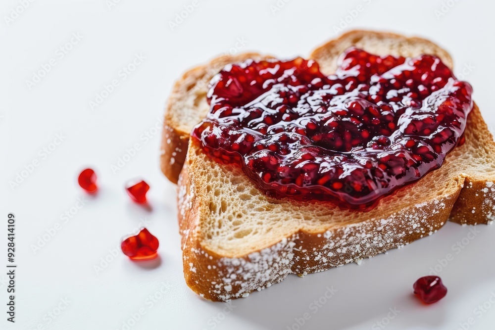 Heart symbol on toast with red jam isolated on white background Valentine s Day breakfast concept Heart symbol on toast with red jam isolated on white background Valentine s Day breakfast concept