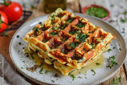 Herb cooked vegetable waffles on wooden table