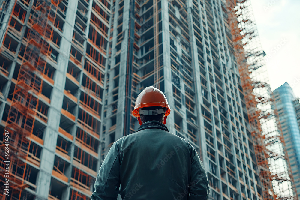 An engineer in a hard hat inspects the facade of a high-rise building under construction.