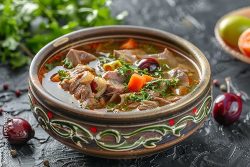 Homemade Lamb Soup Piti, Putuk with Cherry Plums on Rustic Background, Azerbaijani Bozbash photo