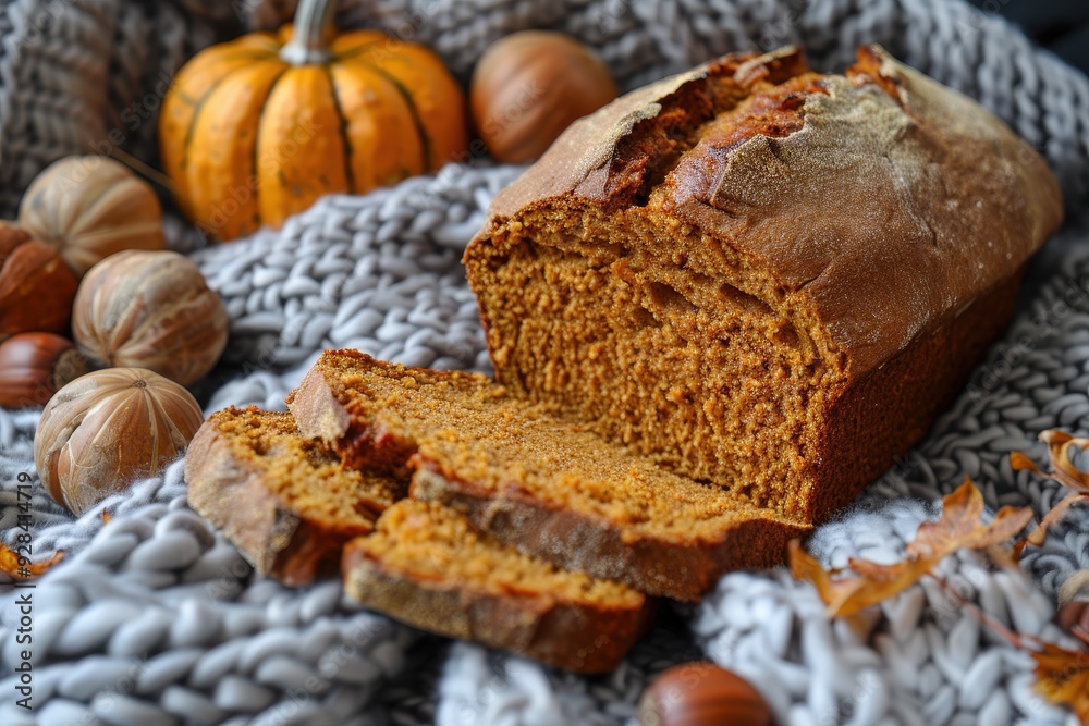 Home baked sourdough pumpkin bread on wool scarf with chestnuts