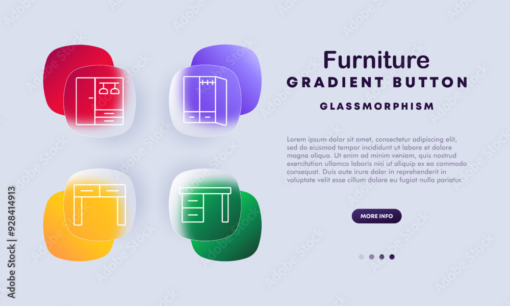 Obraz premium Furniture icon set. Table, wardrobe, cabinet, home decor, furniture design, interior, home improvement, glassmorphism, digital design.