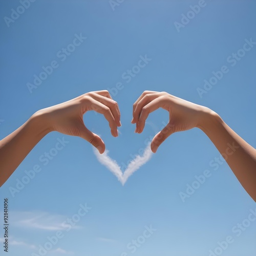 Self acceptance, learning to love yourself in the form of a person's hands forming a heart shape against a blue sky 