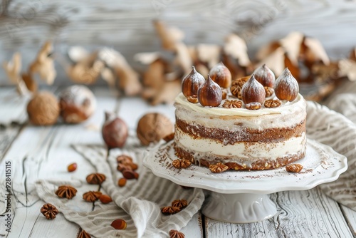 Homemade chestnut cream cake on wooden table photo