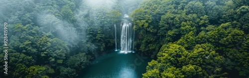 A waterfall is surrounded by trees and the sky is cloudy