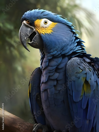 A blue and yellow macaw is standing on a tree branch photo