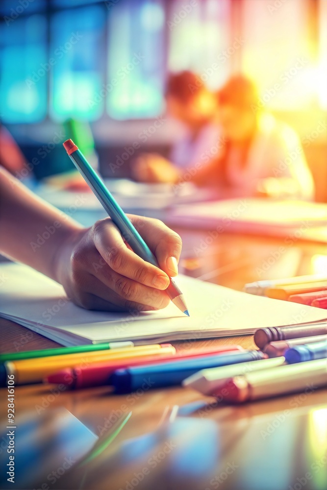 Focused Student Writing with Colored Pencils in Bright Classroom Focused Student Writing with Colored Pencils in Bright Classroom