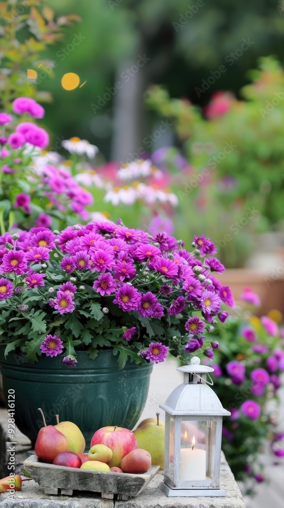 A vibrant bouquet of pink flowers sits in a light green pot next to fresh fruits, creating a cheerful spring display on a rustic wooden table A vibrant bouquet of pink flowers sits in a light green pot next to fresh fruits, creating a cheerful spring display on a rustic wooden table