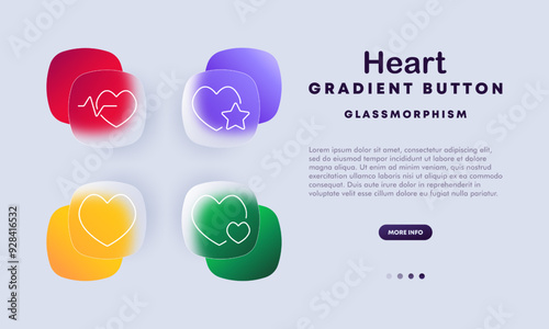Heart icon set. Locked heart, sparkling, broken, border icons. Glassmorphism design with gradient buttons for UI UX, mobile, and web applications