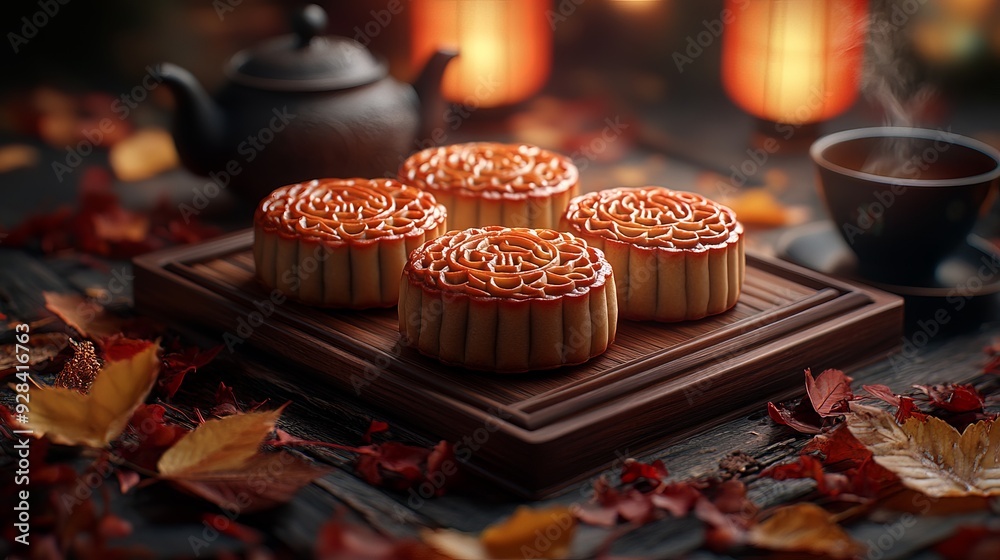 Traditional Mooncakes with Autumn Leaves and Tea Set for Mid-Autumn Festival Traditional Mooncakes with Autumn Leaves and Tea Set for Mid-Autumn Festival