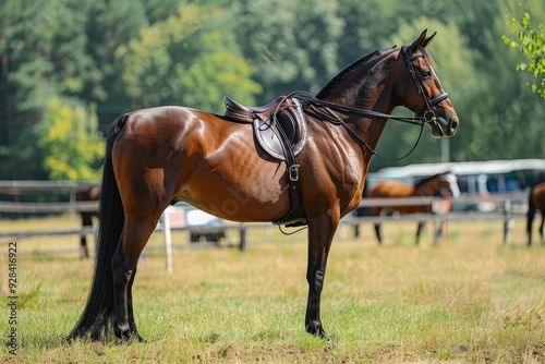 Horse competing outdoors in saddle sport