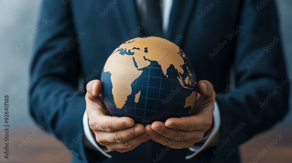 A businessman in a suit holds a globe symbolizing global business, international trade, and the interconnected world. A businessman in a suit holds a globe symbolizing global business, international trade, and the interconnected world.