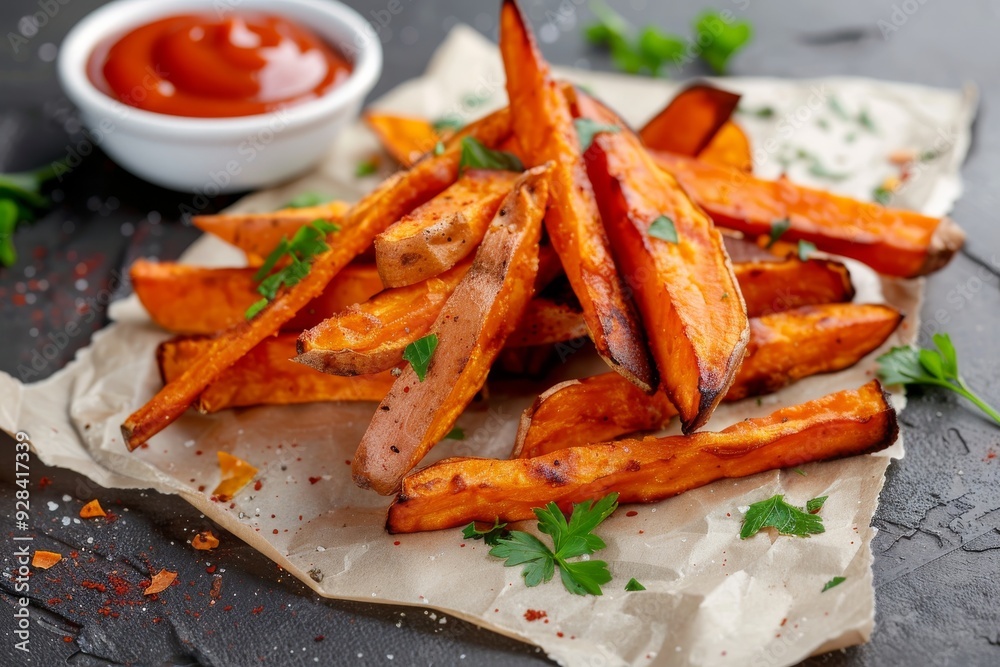 Fries or French Fries with Tomato Sauce, Sweet Potato Finger Chips, Golden French-Fried Potatoes Fries or French Fries with Tomato Sauce, Sweet Potato Finger Chips, Golden French-Fried Potatoes
