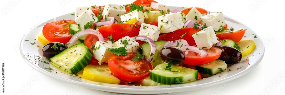 Greek salad in light plate isolated, villages salad, horiatiki salat made with tomatoes, diced feta Greek salad in light plate isolated, villages salad, horiatiki salat made with tomatoes, diced feta