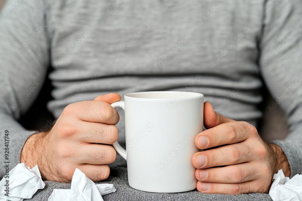 A person holding a coffee mug, surrounded by crumpled tissues, conveying a sense of comfort during a moment of relaxation. A person holding a coffee mug, surrounded by crumpled tissues, conveying a sense of comfort during a moment of relaxation.