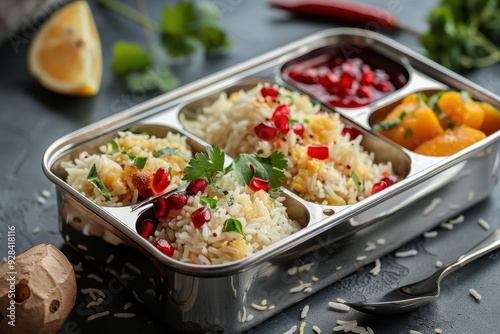 Indian kids lunch box with lemon rice nahi boondi and pomegranate selective focus photo