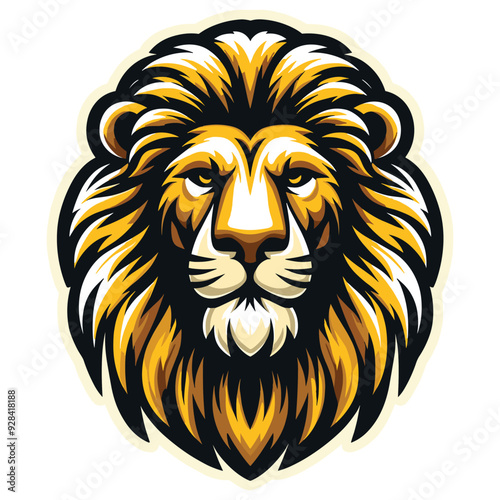 Majestic lion head vector in black, yellow, and white, bold illustration, sports logo
