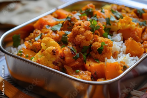 Indian lunch box containing sweet potato and cauliflower curry