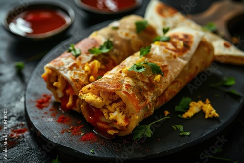 Indian recipe for kid s lunchbox Egg chapati roll with ketchup on a moody background