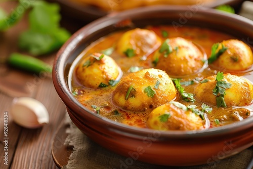 Indian spicy dish served in ceramic bowl on colorful table top photo