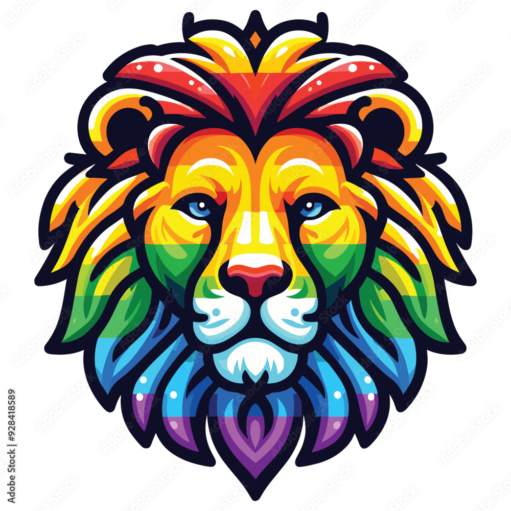 Obraz premium Vibrant multicolored lion head illustration vector on white background, perfect for pride and creativity themes