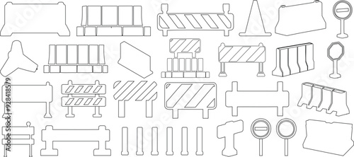 Traffic barrier, construction sign, and roadblock vector icon set. Ideal for infrastructure, construction, and transportation illustrations. Monochrome, outline style