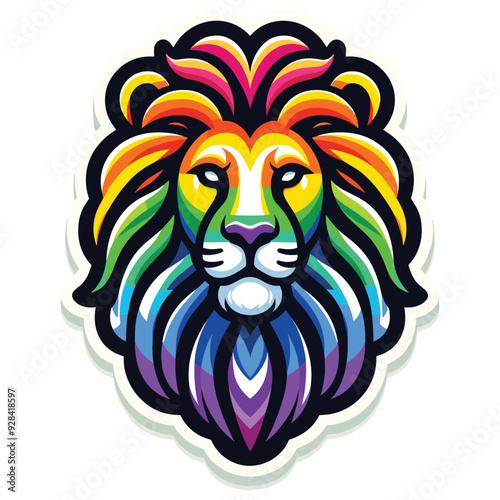Colorful illustrated lion head, vibrant rainbow colors, symbolizes strength and pride, perfect for logo design