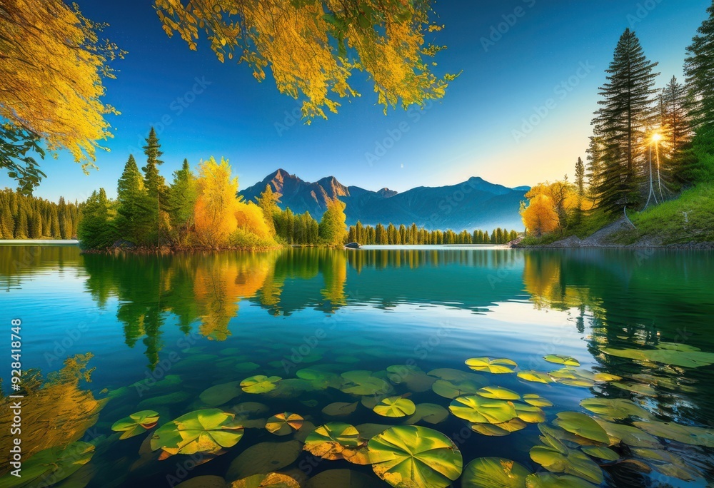 Naklejka premium vibrant natural landscapes reflected serene lake surrounded lush greenery colorful flora, nature, reflection, colors, water, trees, mountains, sky, clouds