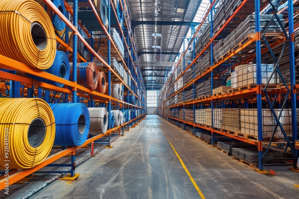 Fototapeta premium Industrial warehouse storing steel coils of rope