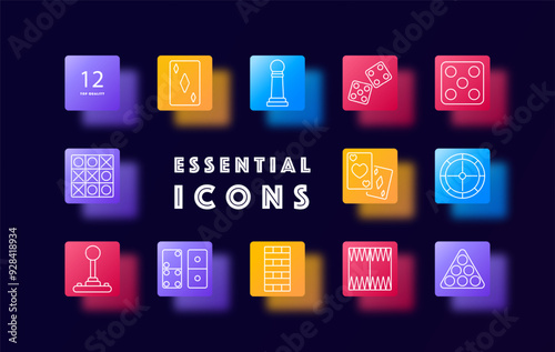 Board game and dice set icon. Board games, dice, playing cards, chess, dominoes, game tokens, tic-tac-toe, backgammon, pool, dartboard, strategy games, gaming icons, dice icon, card game
