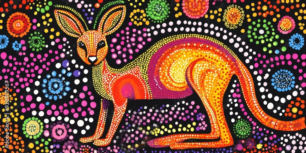 Obraz premium Vibrant Aboriginal Dot Art Kangaroo: Creative Abstract Pattern for Luxury Scarves and Children's Books. Australian Indigenous-Inspired Design Celebrating Cultural Harmony, Nature, and Imagination in 4