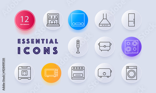 Kitchen appliance icon set. Dishwasher, stove, hood, refrigerator, blender, cooker, microwave, oven, toaster, washing machine, kitchen tools, household, domestic, electric appliance, kitchenware