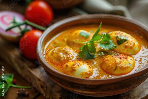 Popular Indian spicy food served in a bowl on a colorful table photo