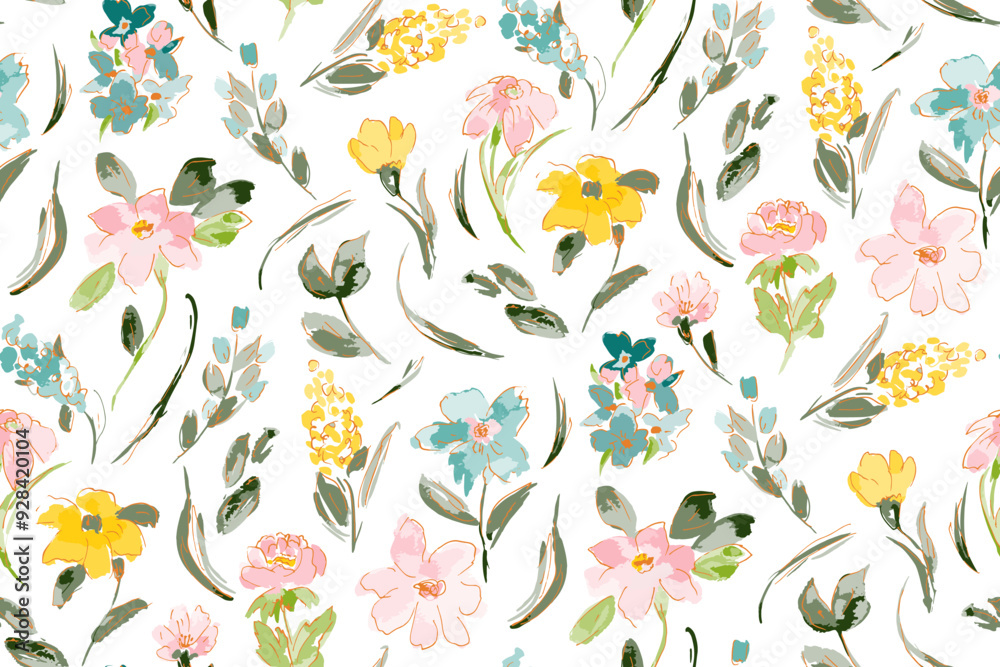 Cute feminine watercolor seamless pattern with wildflowers.hand drawn, not AI