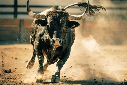 Powerful bull with large horns charging in the ring