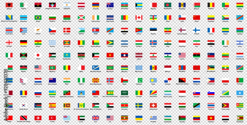All world flags with signatures vector set of rectangular icons. Flags of all countries and continents. International flags, country emblems, global identity, national flags, geographical symbols