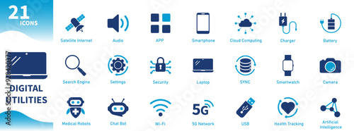 Digital utility icon. A set of icons on the theme of technology, internet, technology gadgets, artificial intelligence. Solid vector icons.