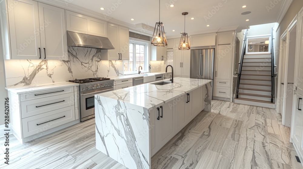 white kitchen with island, marble countertop and white cabinets. the ...