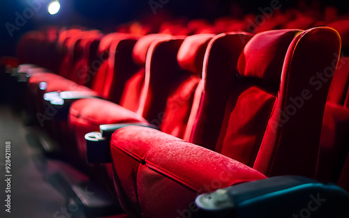 empty cinema box offices, red cinema seats in a cinema without visitors, AI generated photo